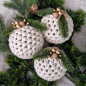 Handmade Crochet Ornament Ball Cream with Gold Accents Christmas Tree Gift